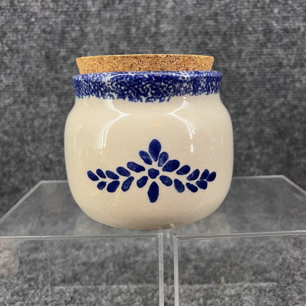 LoomCo Blue & Beige 3.5" Spongeware Ceramic Canister Jar With Cork Lid